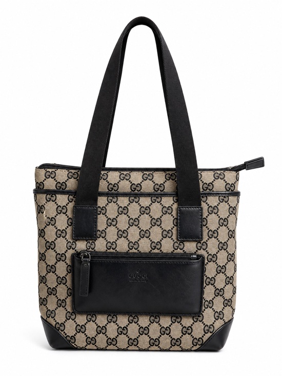 Gucci Handbags - Vintage Gucci Beige and Black GG Canvas Tote with Front Zip Pocket